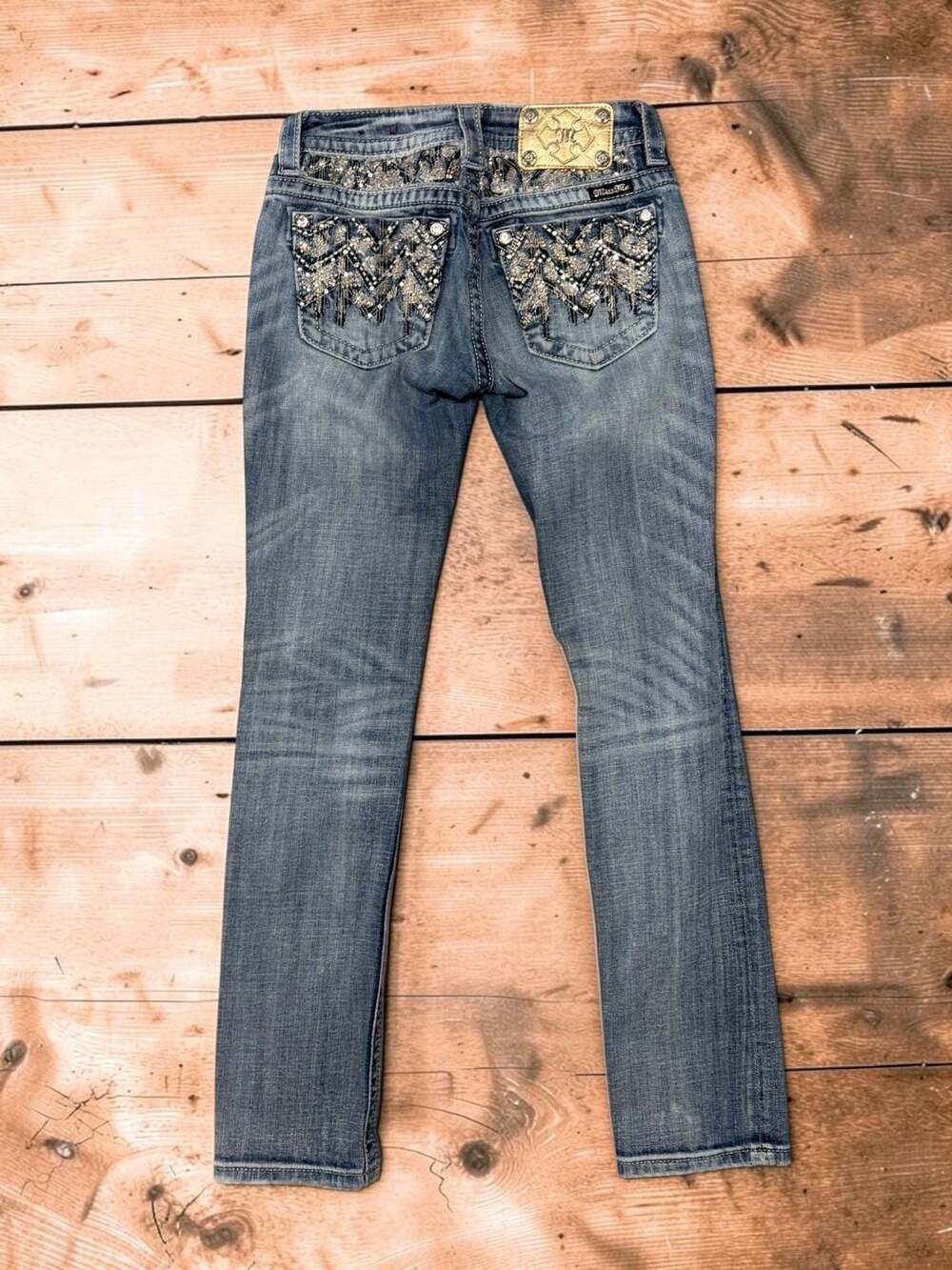 Miss Me Signature Straight Leg Jeans JE8097TR with Rhinestone Embellished Back P
